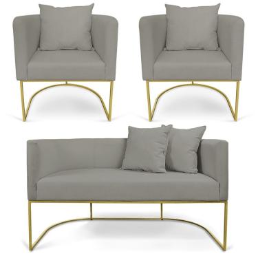 Imagem de Kit 01 Namoradeira 02 Lugares E 02 Poltronas Paola Linho Grafite A26 Base Metálica Dourado