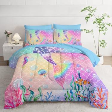 Imagem de Smell Sunshine Jogo de cama com estampa de cauda de sereia, 7 peças, com 1 edredom, 1 lençol de cima, 1 lençol com elástico e 4 fronhas para quarto de meninos e meninas, todas as estações (win)