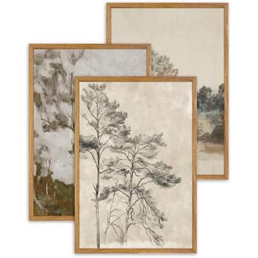 Imagem de UPWOIGH Arte de parede emoldurada grande, conjunto de 3 impressões vintage de paisagem silenciosa, pôsteres de algodão natural de 40,6 x 61 cm com árvores, impressões botânicas do norte, estética de