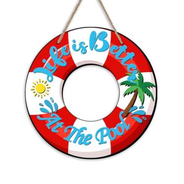 Imagem de Bolisom Life is Better at The Pool Placa para porta da frente, anel de salva-vidas para natação costeira de praia, cabide de madeira, decoração de casa, guirlanda de madeira náutica de verão