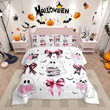 Imagem de Erosebridal Jogo de cama solteiro fantasma de Halloween, laço rosa e preto, para crianças, adolescentes, morcegos góticos assustadores, laço gótico, decoração de quarto com 1 fronha, respirável