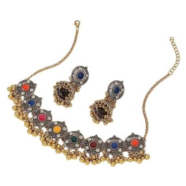 Imagem de Colar tradicional com contas de Bollywood Jhumka Tribo Colar Pingente Brincos de Gota Conjunto de Joias para Mulheres Vintage Cristal CZ Sino Indiano Gargantilha Ajustável Boho Noiva Acessório de