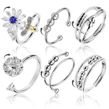 Imagem de Anéis Fidget com miçangas, anéis anti-ansiedade para mulheres, anel giratório ajustável aberto com contas, latão banhado a prata anel giratório antipreocupação, Latão, Sem pedra preciosa