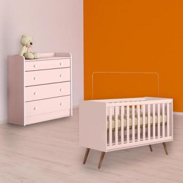 Imagem de Quarto Infantil Berço Mini Cama Retrô e Cômoda Trocador Rosa - Qmovi
