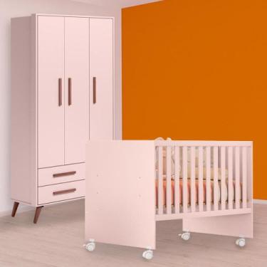 Imagem de Quarto Infantil Berço Reto e Guarda Roupa Retrô Rosa - Qmovi