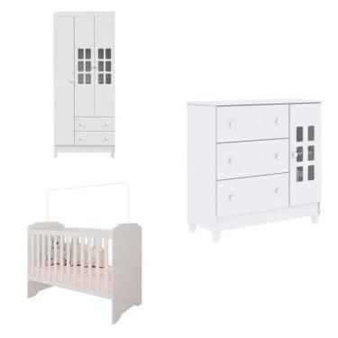 Imagem de Conjunto de Quarto Infantil Guarda-Roupa de Bebê 3 Portas Maria, Cômoda Infantil Maria e Berço Mel Branco