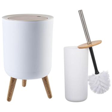 Imagem de Lixeira Cesto De Lixo Com Pé Escova Sanitária Bambu 8 Litros