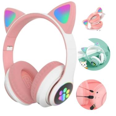 Imagem de Fone De Ouvido Gatinho Rosa - Gamer Sem Fio  Com Luz Led