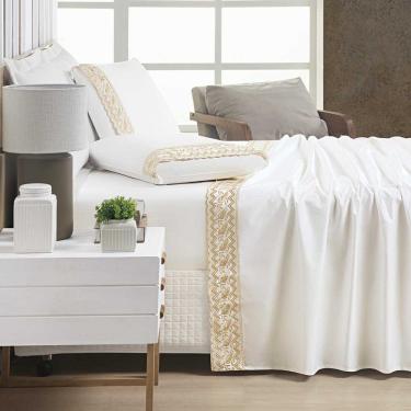 Imagem de Jogo de Lençol Luxo Casal King 4 Peças Percal 400 Fios 100% Algodão Fio Egípico Acetinado - Off White