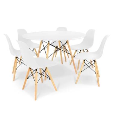 Imagem de Conjunto de Mesa de Jantar Eames Eiffel Redonda 110cm Tampo de Madeira Branco com 6 Cadeiras Brancas