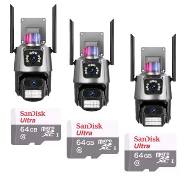 Imagem de Kit 3 Câmera De Segurança Externa Lente Dupla 4k Led Sirene Policial Cartão 64gb