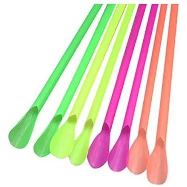 Imagem de 100 Canudos Mexedor Pazinha Drink/Bebidas/Coquetel Plástico 20 Cm NEON