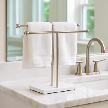 Imagem de Qflushor Suporte de toalha de mão duplo em forma de T com base pesada, toalheiro de bancada de aço inoxidável escovado, pré-montado para banheiro, cozinha, 29,5 cm de largura