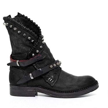 Imagem de Bigfanshu Botas femininas até o meio da panturrilha outono inverno bico redondo vintage couro PU sapatos femininos salto baixo rebite legal botas de motocicleta plus size vestido atlético ocasião fivela sapatos botas plataforma, Preto, 8.5