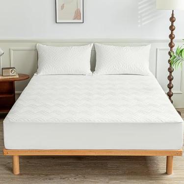 Imagem de Capa protetora de colchão à prova d'água macia e respirável com bolso profundo de 5 a 25 cm de profundidade de fibra de poliéster para quarto de casa e hotel (branco, 159 x 199 cm)