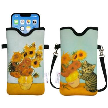 Imagem de Tainada Bolsa de neoprene masculina e feminina com alça transversal/cordão de pescoço para iPhone 16/15/14 Pro Max, 16/15/14 Plus, Samsung S25, A55, Google Pixel 9 (girassóis Van Gogh)
