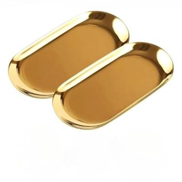 Imagem de Bandeja para Banheiro, Kit 2 Bandeja Aco Inoxidavel Decorativa para JóIas Alimentos Dourado