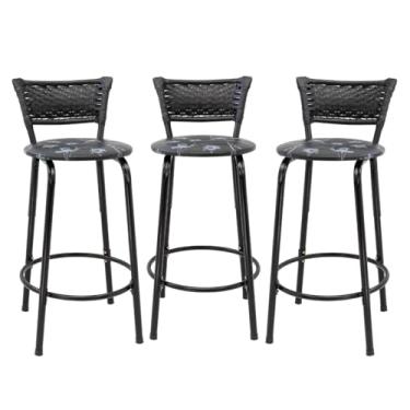 Imagem de Kit 3 Banco Para Bancada Cozinha Gourmet Estrutura Preta Encosto Junco Preto Balcão Ilha Bar Banqueta 60cm Itagold (Assento Floral Preto)