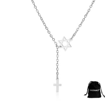 Imagem de VASSAGO Colar feminino com cruz de estrela de Davi em aço inoxidável, colar em Y, pingente de cruz cristã, talismã, amuleto religioso, joia de Israel, One Size, Aço inoxidável, Sem Pedra Preciosa
