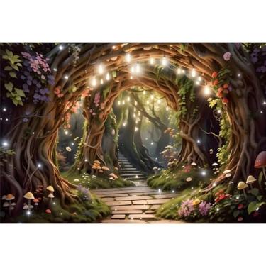 Imagem de Yeele Cenário de floresta de conto de fadas de 2,1 x 1,5 m para fotografia, arco, trepadeiras, cogumelos, flores, fundo de floresta encantada brilhante para chá de bebê, decoração de festa de