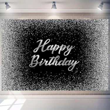 Imagem de Pano de fundo para fotografia de aniversário 2,4 x 1,8 m preto e prata com glitter, placa de fundo de feliz aniversário, decoração de bolo, faixa para mulheres, homens, adultos, crianças, artigos de