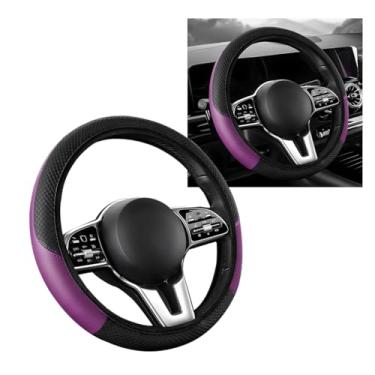 Imagem de MTRPS Capa de volante de carro, protetor de volante elástico antiderrapante com costura de couro de 38 cm, capa de volante respirável e confortável universal para a maioria dos veículos (preto e roxo