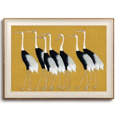 Imagem de KISSFOX Arte de parede emoldurada vintage em tela sete guindastes arte de parede amarelo zen impressões de arte de parede para sala de estar quarto banheiro cozinha 30 x 40 cm