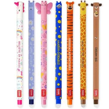 Imagem de LEGAMI - Conjunto de 7 canetas de gel apagáveis com tinta apagável termossensível, variedade de cores de tinta e designs de barril, ponta de 0,7 mm, unicórnio, hipopótamo, borboleta, corgi, tigre