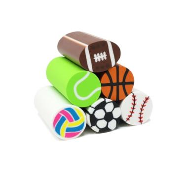 Imagem de 6 peças de borrachas longas para lápis de bola esportiva divertida, basquete, futebol, beisebol, tênis, vôlei, para festa de aniversário, recompensas em sala de aula, 6 estilos