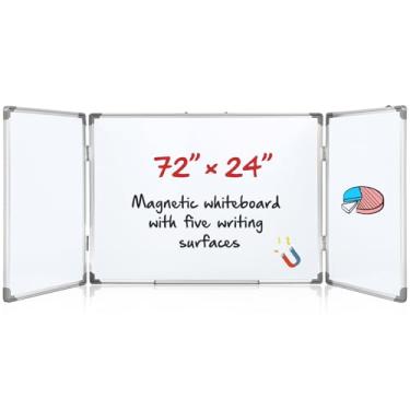 Imagem de AmazingSpark Quadro branco dobrável de 183 cm x 61 cm, quadro branco grande triplo dobrável, quadro magnético apagável a seco, moldura de alumínio para parede e bandeja de caneta dobrável para