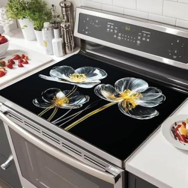 Imagem de HOMETITUTE Capa de vidro elegante para fogão de flor de vidro 71 x 50 cm, protetor de fogão de vidro de diatomita, resistente ao calor, tapete de bancada de cozinha, moderno, floral, almofada