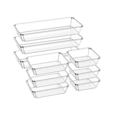 Imagem de JOLLYIN Pacote com 9 bandejas organizadoras de gaveta de plástico transparente, organizadores de gaveta e divisórias de armazenamento, caixas de armazenamento antiderrapantes para joias, lanches,