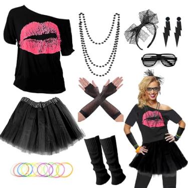 Imagem de Fantasia feminina atualizada dos anos 80, conjunto de acessórios de fantasia de festa dos anos 80 com camiseta, saia tutu etc, Preto (sem bolsa de cintura), XX-Large