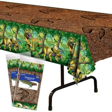 Imagem de Beistle Capas de mesa retangulares de plástico de dinossauro, 2 peças, artigos de festa de aniversário, multicoloridas 137 cm x 274 cm