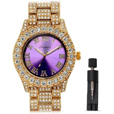 Imagem de ICEDTAG Conjunto de relógio e pulseira com algarismos romanos luxuosos com pedras grandes, mostrador colorido, Ouro - Mostrador lilás, Regular, Decoração de festa chá de bebê dia dos namorados