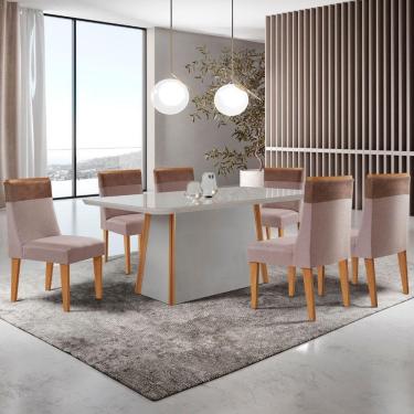 Imagem de Mesa De Jantar Diane 180cm Tampo Mdf Vidro 6 Cadeiras Andes Moderna Linho Capuccino Tork Off White Serigrafia
