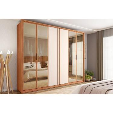 Imagem de Guarda Roupa 6 Portas E 4 Gavetas C/ Vidro Reflecta Cristal Freijo/off White - Caemmun