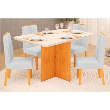 Imagem de Sala De Jantar Completa Hera Tampo Madeirado C- Vidro Reto 120x90cm E 4 Cadeiras Lia Cedro-off White - Linho Neve - Dj Móveis