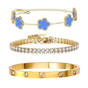 Imagem de Arthur Liu Conjunto de 3 pulseiras empilháveis de flor da sorte – Aço inoxidável banhado a ouro 14 K com zircônia cúbica fofa e charmosa para mulheres joias, One Size, Aço inoxidável, Zircônia cúbica