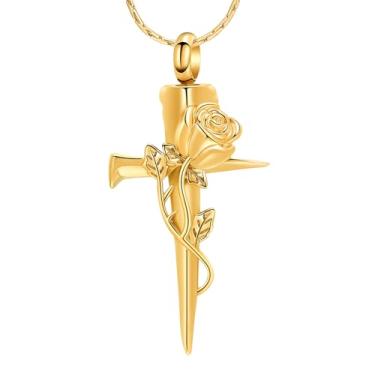 Imagem de constantlife Colar de urna com cruz para cinzas, pingente de flor rosa, joia de cremação para humanos/animais de estimação, pingente memorial para mulheres e homens, presente de simpatia para a perda