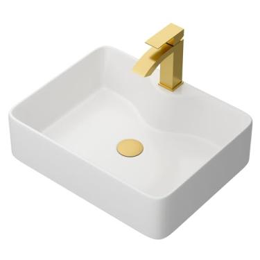 Imagem de Yurshen Pia de banheiro, pia de vaso branca de 48 x 38 cm acima do balcão pia de cerâmica pia de porcelana com acessórios dourados