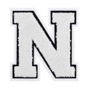 Imagem de 1 PÇ Patch de letra de chenille de ferro branco de 11,4 cm com borda preta – Remendos do alfabeto para roupas, jaquetas, mochilas, chapéus para decoração personalizada, nome personalizado e artesanato