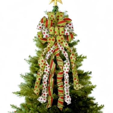 Imagem de Arco de enfeite de árvore de Natal – Grande laço festivo estilo guirlanda para árvore de Natal, decoração de poliéster de bolinhas vermelhas e verdes para férias, dia de Ação de Graças, uso interno e