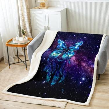 Imagem de Cobertor de cama de borboleta azul, cobertor de apanhador de sonhos para crianças, meninos, meninas, decoração de quarto de casa, cobertor de lã com glitter de céu estrelado galáxia, cobertor felpudo
