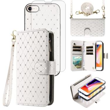 Imagem de Capa carteira compatível com iPhone 7/8/SE 2020/2022 com zíper para celular e protetor de tela com glitter flip para iPhone7 iPhone8 7s 8s i SE2020 SE2022 2/2nd/3/3rd mulheres meninas branco