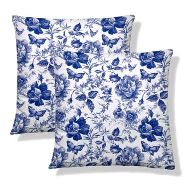 Imagem de NOCTILYRA Capas de almofada florais de porcelana azul e branca 50 x 50 conjunto de 2 fronhas de pelúcia curtas chinoiserie vintage capa de almofada quadrada borboleta fronhas decorativas para