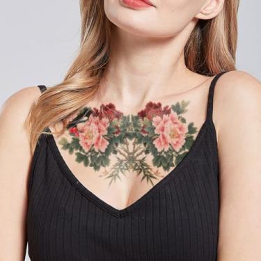 Imagem de Tatuagem minimalista multicolorida realista peônia megafone bambu tatuagem clavícula lombar traseira temporária impermeável adesivo de tatuagem 1 pacote