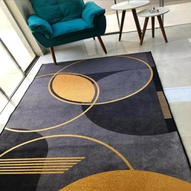 Imagem de Tapete Veludo Geométrico 3D, 200x240 cm, Cinza e Dourado, Antiderrapante, Indiano, Alta Densidade, para Sala de Estar, Base Antiderrapante, Modelo B58