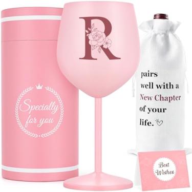 Imagem de Lifecapido Presentes personalizados para mulheres, taça de vinho de aço inoxidável R com saco de vinho e cartão, monograma R presente de taça de vinho personalizado, aniversário com monograma