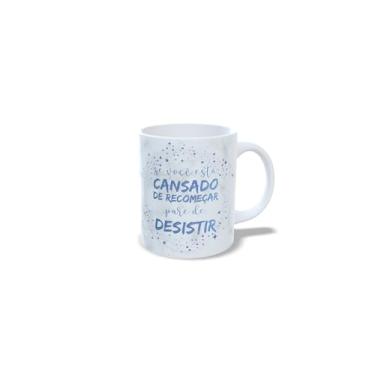 Imagem de Caneca de Cerâmica Branca com Mensagem Motivacional, Decorativa, Geométrica, 325ml, Design com Letras e Estrelas em Azul (p)